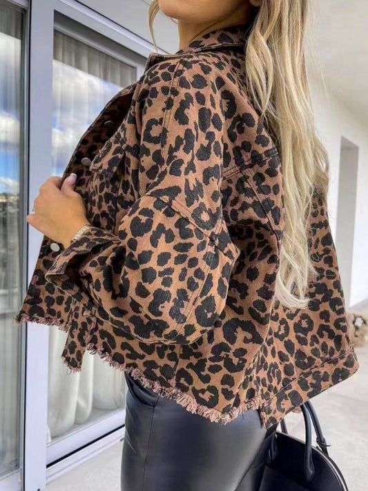 Montello Raw Hem Leopard Denim Jacket