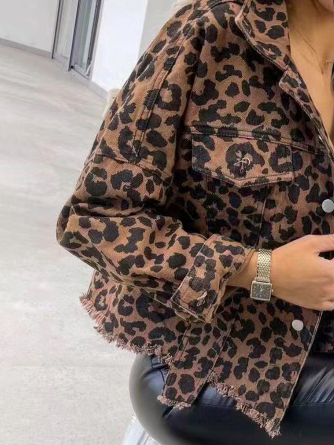 Montello Raw Hem Leopard Denim Jacket