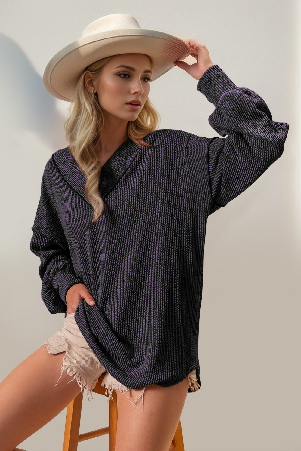 Florance Exposed Seam Ribbed Long Sleeve T-Shirt