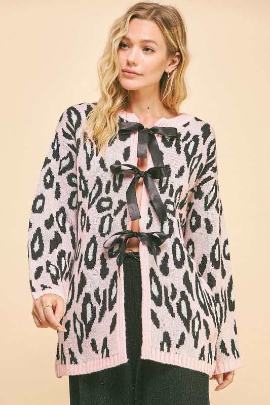 Audrey Leopard Ribbon Tie Front Cardigan