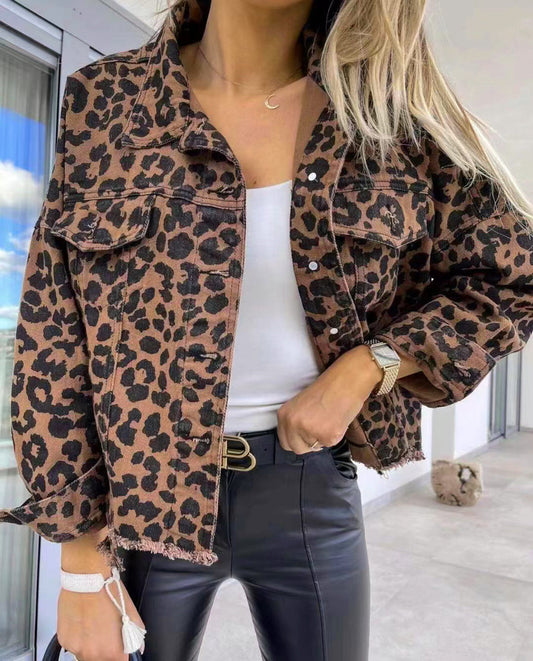 Montello Raw Hem Leopard Denim Jacket