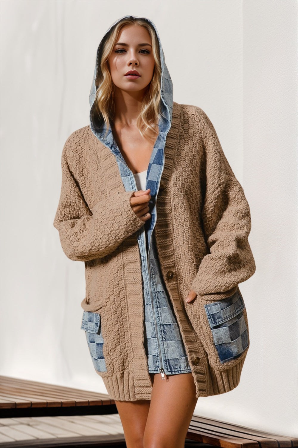 Hulett Hooded Denim Spliced Sweater Cardigan