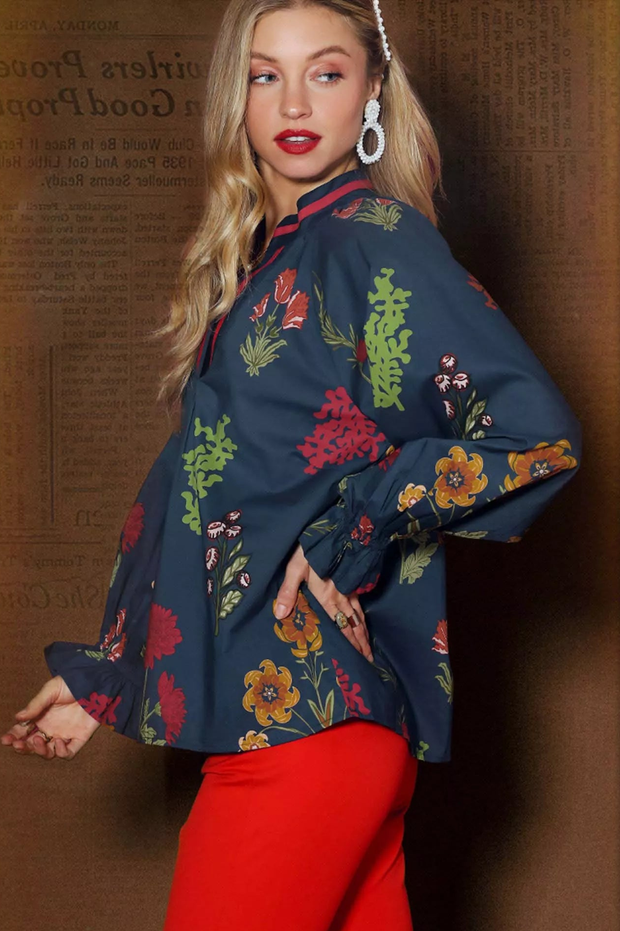 Geneva Floral Print Flounce Sleeve Blouse