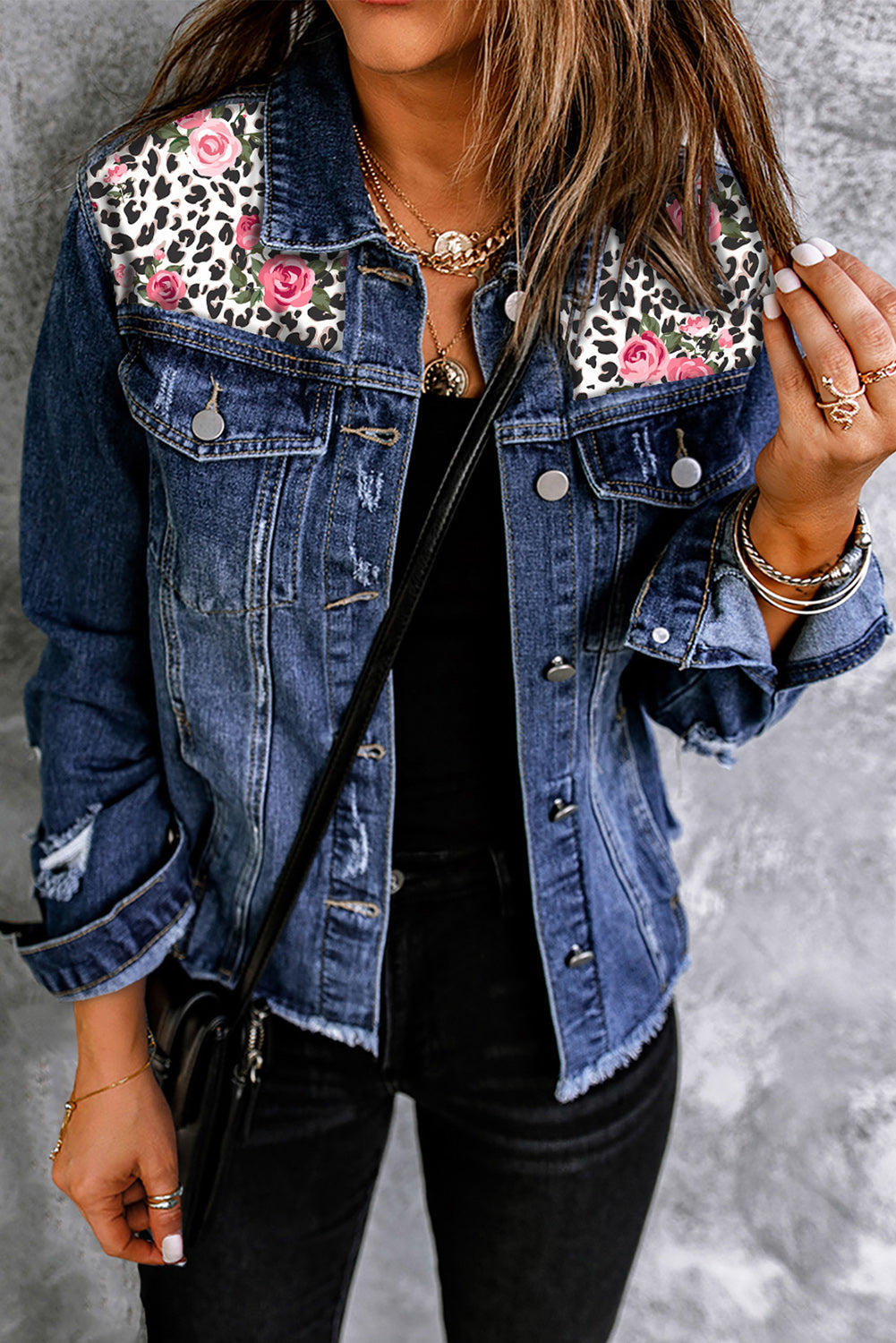 August Mixed Print Distressed Denim Jacket