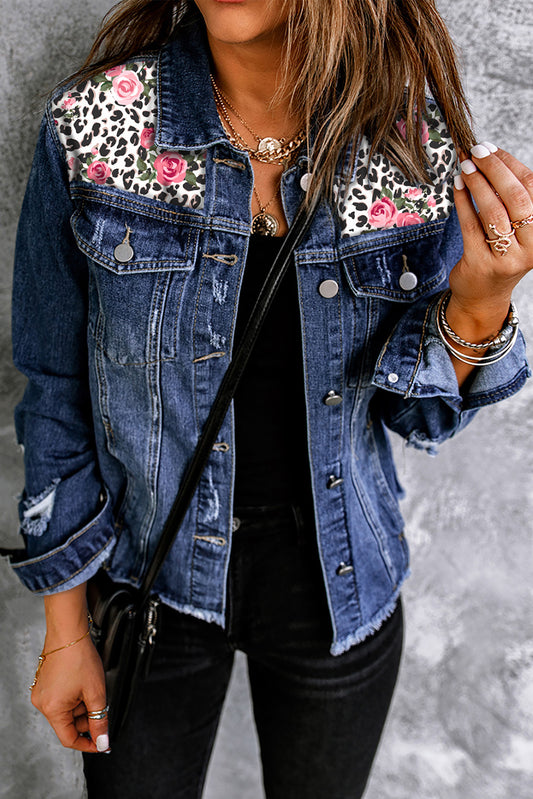 August Mixed Print Distressed Denim Jacket