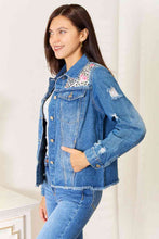 Load image into Gallery viewer, Leopard Floral Distressed Denim Jacket
