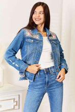 Load image into Gallery viewer, Leopard Floral Distressed Denim Jacket
