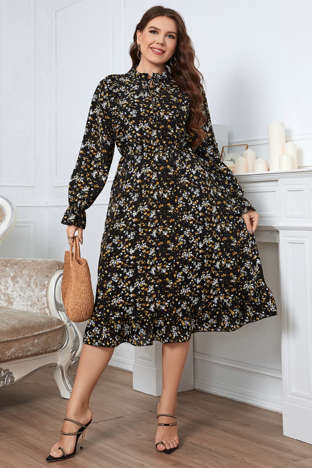 Valle Floral Flounce Sleeve Midi Dress